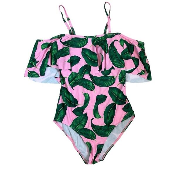 New Tempt Me Pink Green Tropical Leaf One Piece Swimsuit Medium - Picture 2 of 5
